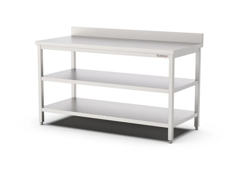 Tables Table, corner, with lower shelf and intermediate shelf,with rear upstand, l.70,70/70/90, 3013.0707, Qusinox